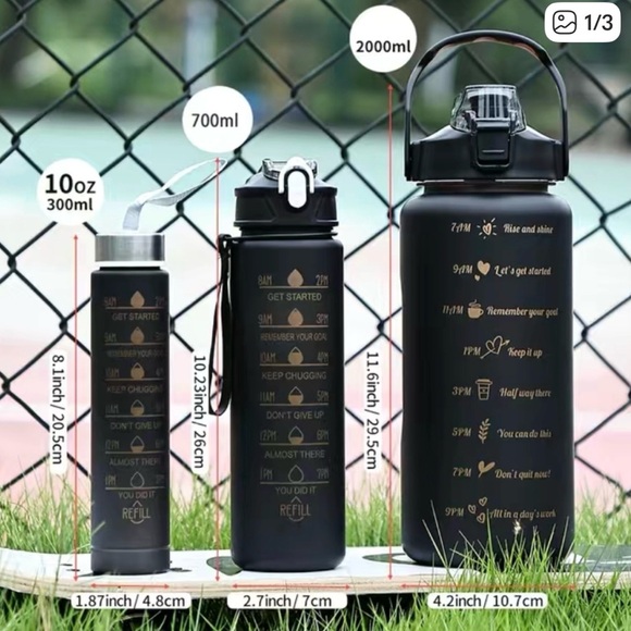 Other - MOTIVATIONAL WATER BOTTLES w/QUOTES 3 PIECE SET NIP BLACK/GOLD 3 DIFFERENT SIZES